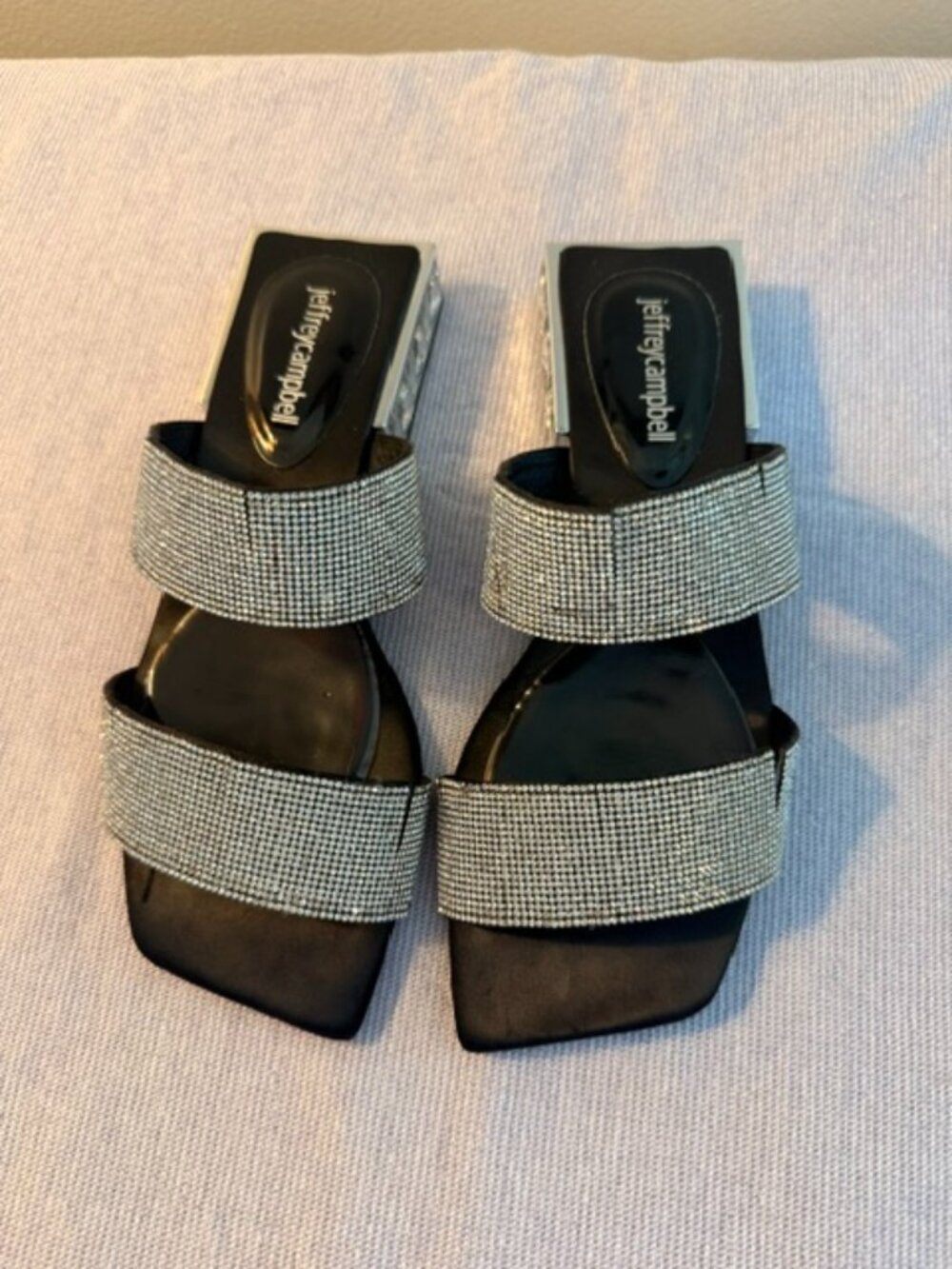 Jeffrey Campbell Black Rhinestone Double Strap Block Heel Sandals Size 8